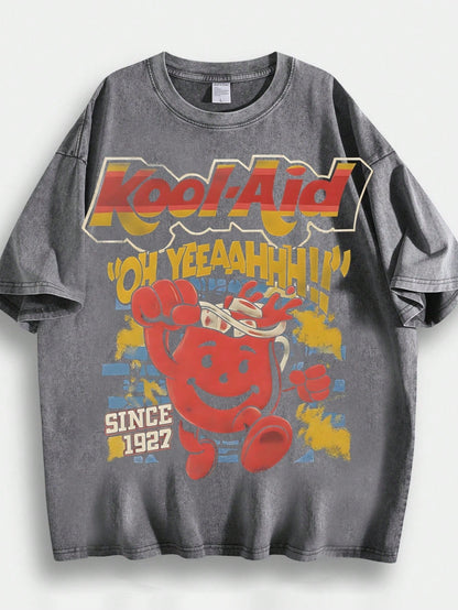 Men's Hip-Hop Style T-Shirt With Ko Ol-Aid Cartoon Print, Unique Design, 230g 100% Cotton, Loose Fit, Short Sleeves, Top. DG004