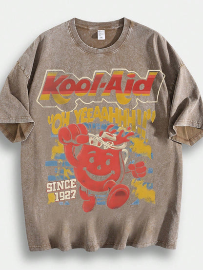 Men's Hip-Hop Style T-Shirt With Ko Ol-Aid Cartoon Print, Unique Design, 230g 100% Cotton, Loose Fit, Short Sleeves, Top. DG004