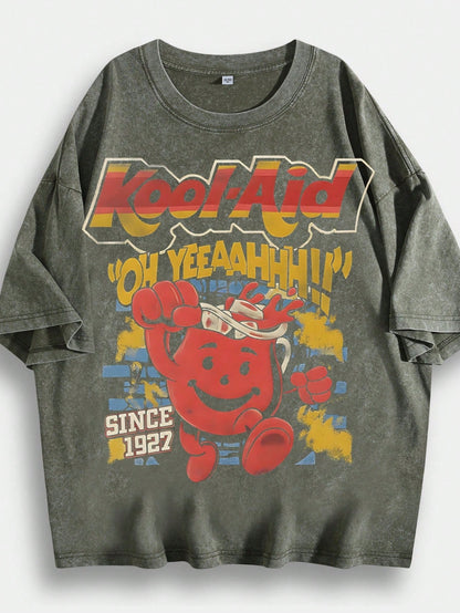 Men's Hip-Hop Style T-Shirt With Ko Ol-Aid Cartoon Print, Unique Design, 230g 100% Cotton, Loose Fit, Short Sleeves, Top. DG004