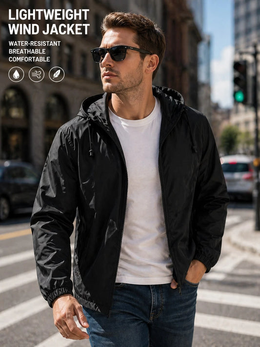 Men's Lightweight Casual Windbreaker Jacket Men, Waterproof Raincoat With Removable Hood Outdoor Gear For Travel Hiking Cycling