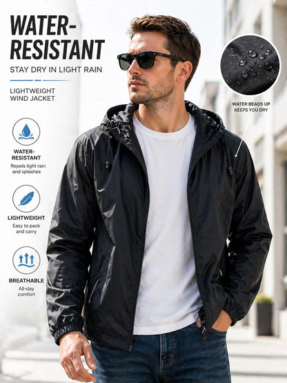 Men's Lightweight Casual Windbreaker Jacket Men, Waterproof Raincoat With Removable Hood Outdoor Gear For Travel Hiking Cycling