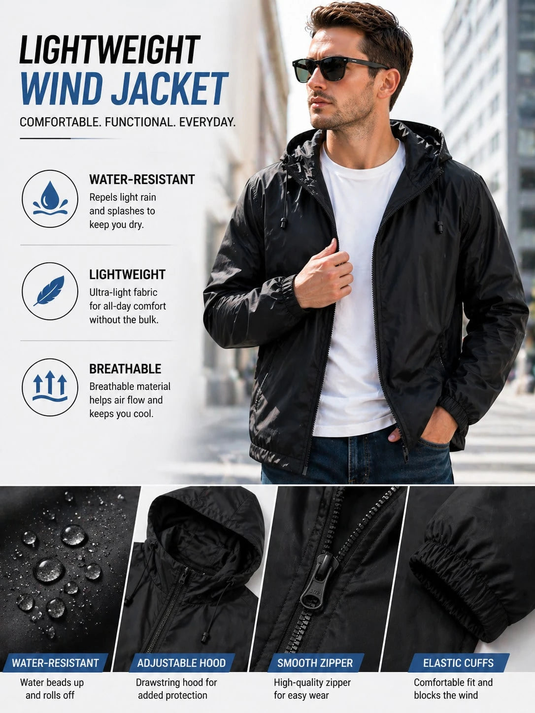 Men's Lightweight Casual Windbreaker Jacket Men, Waterproof Raincoat With Removable Hood Outdoor Gear For Travel Hiking Cycling