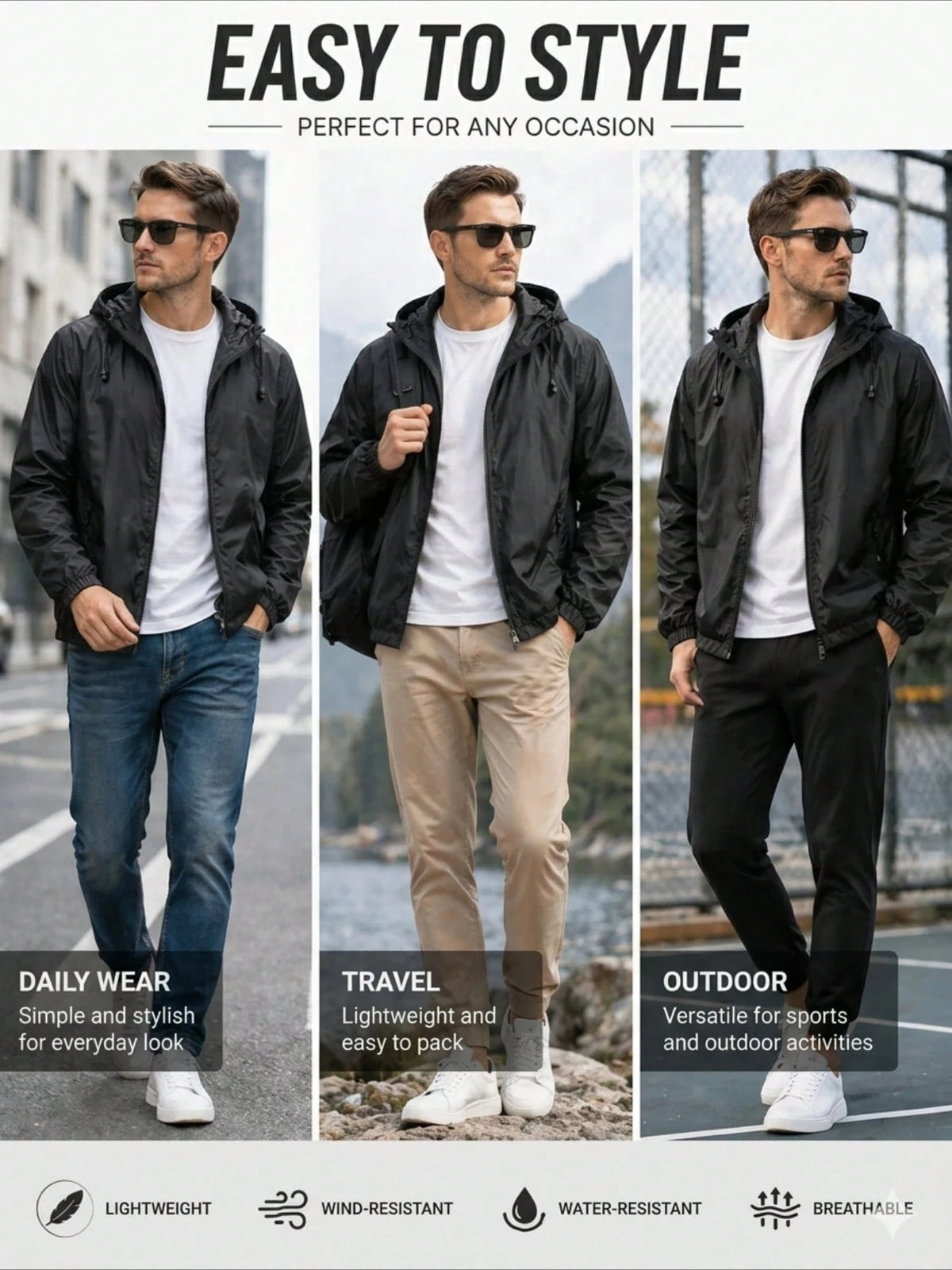 Men's Lightweight Casual Windbreaker Jacket Men, Waterproof Raincoat With Removable Hood Outdoor Gear For Travel Hiking Cycling