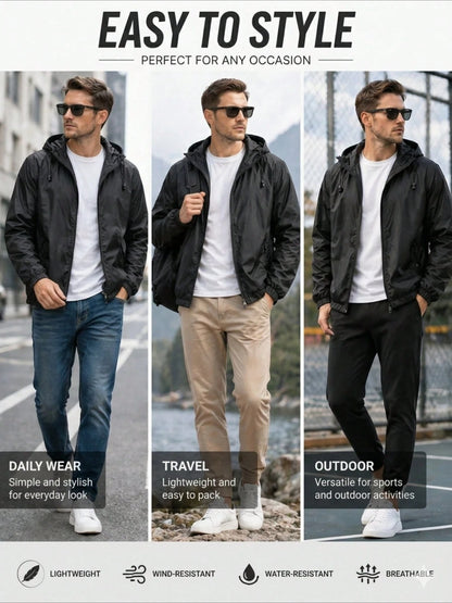 Men's Lightweight Casual Windbreaker Jacket Men, Waterproof Raincoat With Removable Hood Outdoor Gear For Travel Hiking Cycling