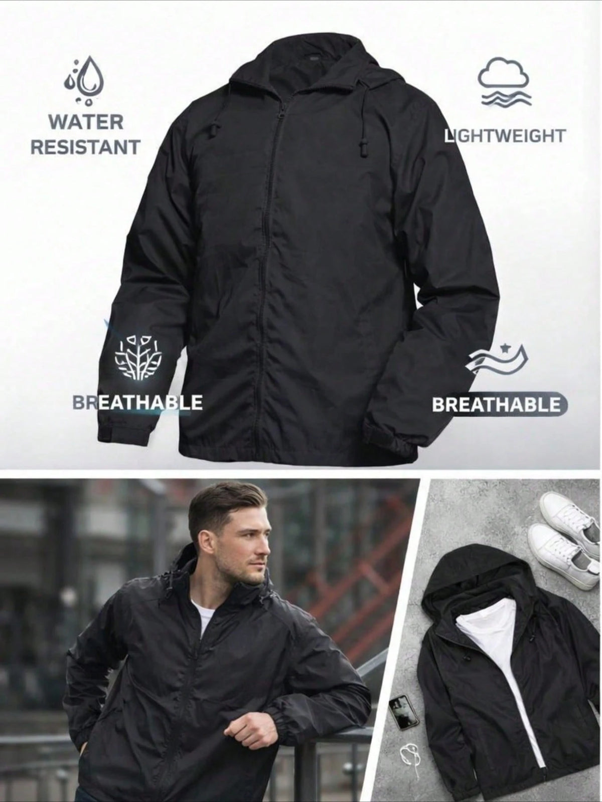 Men's Lightweight Casual Windbreaker Jacket Men, Waterproof Raincoat With Removable Hood Outdoor Gear For Travel Hiking Cycling