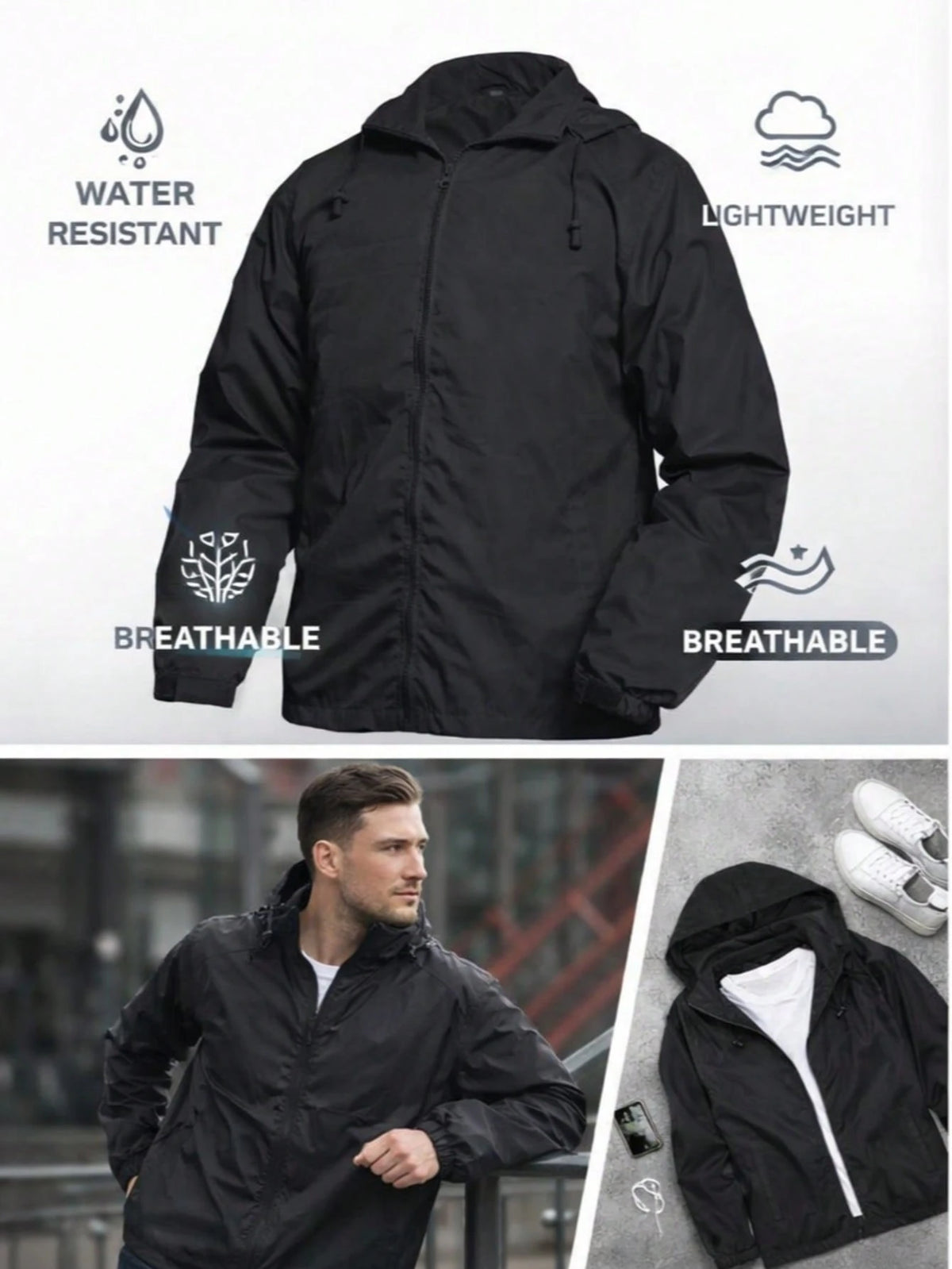 Men's Lightweight Windbreaker Waterproof Raincoat With Removable Hood Outdoor Gear For Travel Hiking Cycling