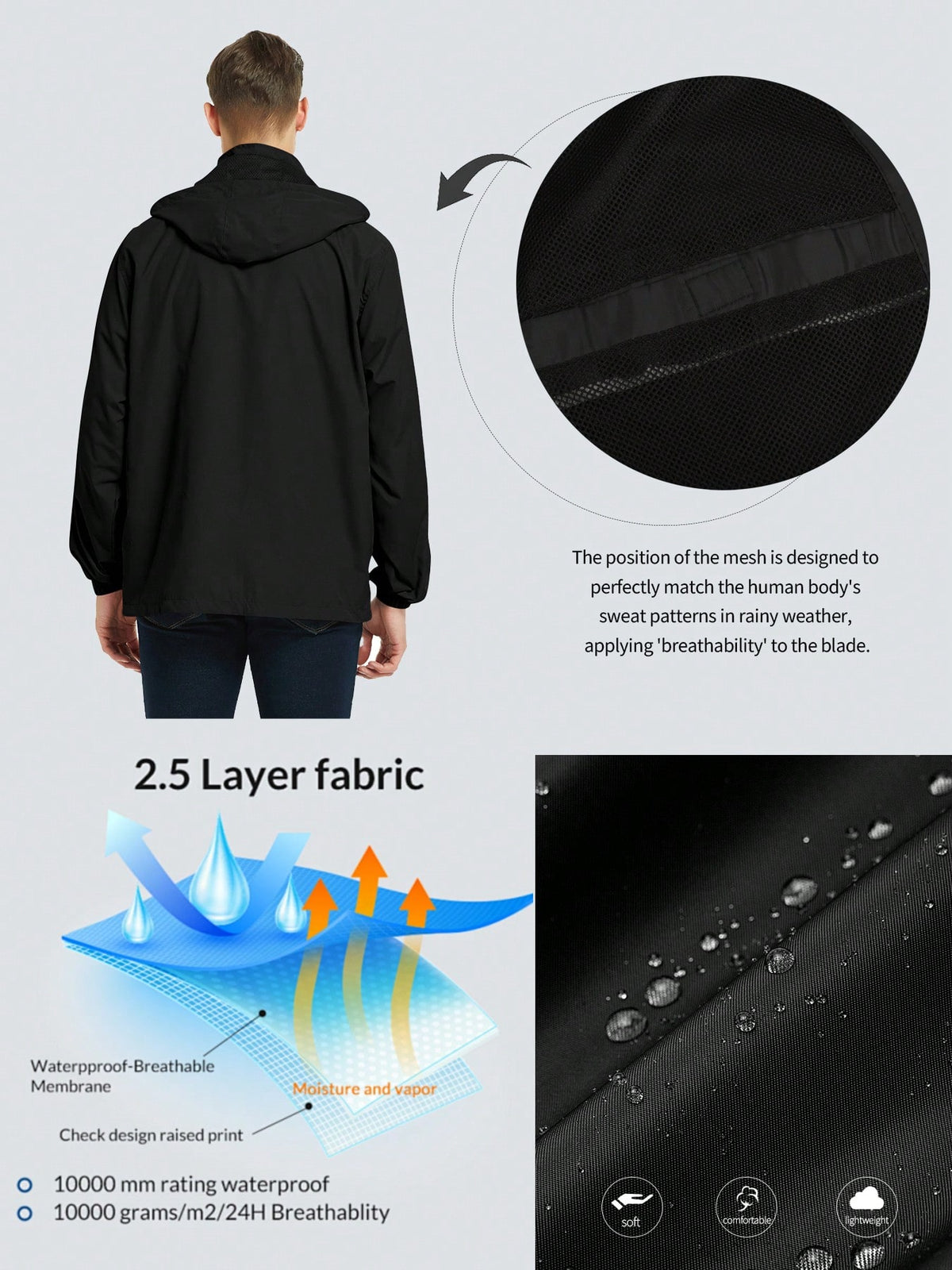 Men's Lightweight Windbreaker Waterproof Raincoat With Removable Hood Outdoor Gear For Travel Hiking Cycling