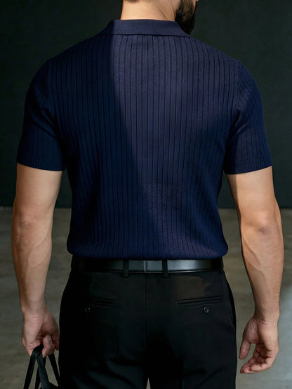 Men's Loose Fit Thin Premium Knit Striped Airplane Collar Short Sleeve, Cool & Comfortable Summer Fashion Casual Essential Item
