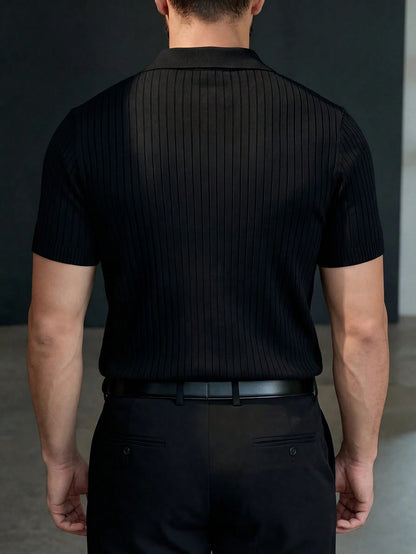 Men's Loose Fit Thin Premium Knit Striped Airplane Collar Short Sleeve, Cool & Comfortable Summer Fashion Casual Essential Item