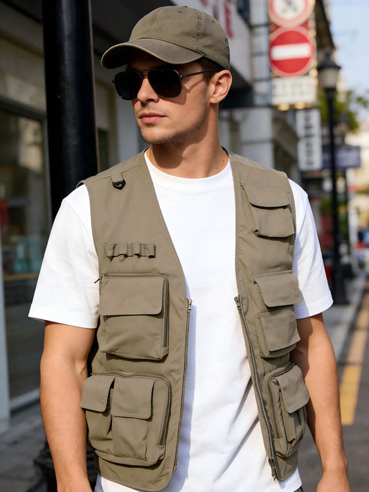 Men's Outdoor Multi-Pocket Utility Vest, Lightweight Breathable Tactical Gilet With Zipper Pockets, Large Storage Sleeveless Jacket For Fishing