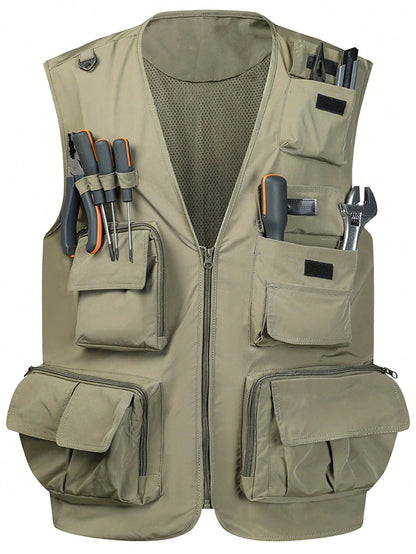 Men's Outdoor Multi-Pocket Utility Vest, Lightweight Breathable Tactical Gilet With Zipper Pockets, Large Storage Sleeveless Jacket For Fishing