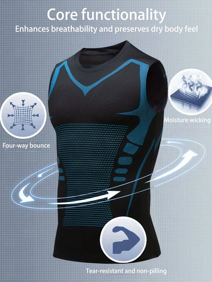 Men's Sports Compression Tank Top, Basketball Workout Tight Vest, Moisture Wicking Stretch Wide Strap Breathable Undershirt
