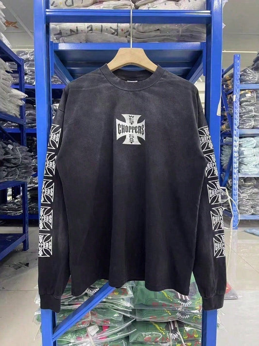 Men's Vintage Washed "West Coast Choppers" Cross Print Long Sleeve T-Shirt, American Streetwear Oversized Distressed Casual Tee, Grunge Style Crew Neck Top For Spring Autumn Daily Wear
