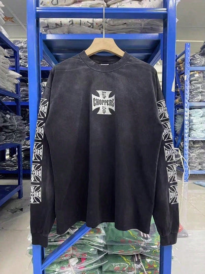 Men's Vintage Washed "West Coast Choppers" Cross Print Long Sleeve T-Shirt, American Streetwear Oversized Distressed Casual Tee, Grunge Style Crew Neck Top For Spring Autumn Daily Wear