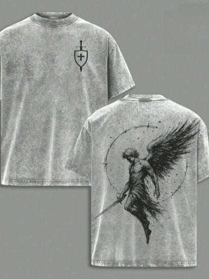 Men's Washed Cotton T-Shirt Archangel St. Michael * Flaming Sword * Shield * Scales Of Justice- Archangel Michael T-Shirt, Washed Church-Style Outfit