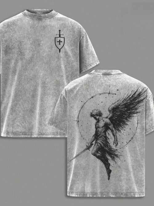 Men's Washed Cotton T-Shirt Archangel St. Michael * Flaming Sword * Shield * Scales Of Justice- Archangel Michael T-Shirt, Washed Church-Style Outfit