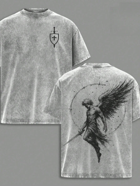 Men's Washed Cotton T-Shirt Archangel St. Michael * Flaming Sword * Shield * Scales Of Justice- Archangel Michael T-Shirt, Washed Church-Style Outfit