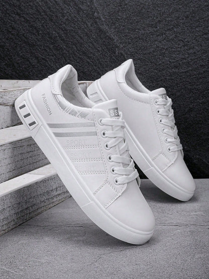 Men's White Sneakers Suitable For Sports & Outdoor, Lightweight Non-Slip Flat Shoes, Lace-Up White Shoes, Suitable For All Seasons, Students, Spring And Autumn, Low-Top Men's Shoes (Please Order One S