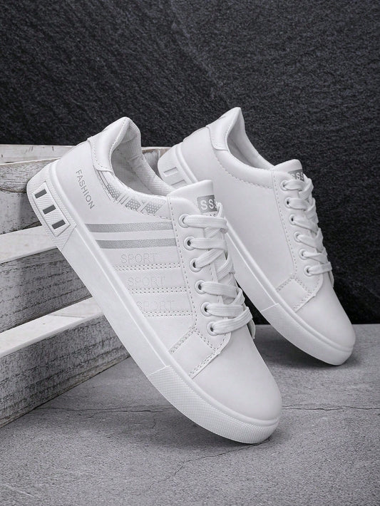 Men's White Sneakers Suitable For Sports & Outdoor, Lightweight Non-Slip Flat Shoes, Lace-Up White Shoes, Suitable For All Seasons, Students, Spring And Autumn, Low-Top Men's Shoes (Please Order One S