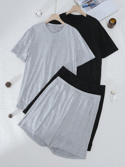 Men Solid Color V-Neck Short Sleeve Top And Shorts Pajama Set,2 Set