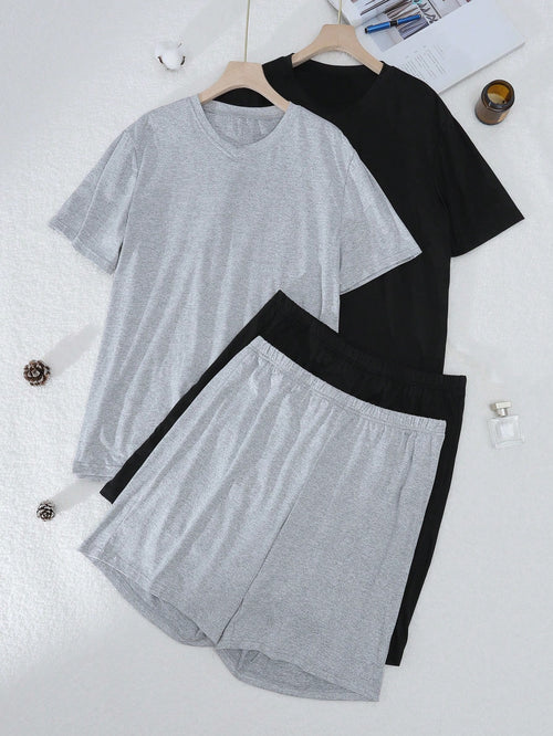 Men Solid Color V-Neck Short Sleeve Top And Shorts Pajama Set,2 Set