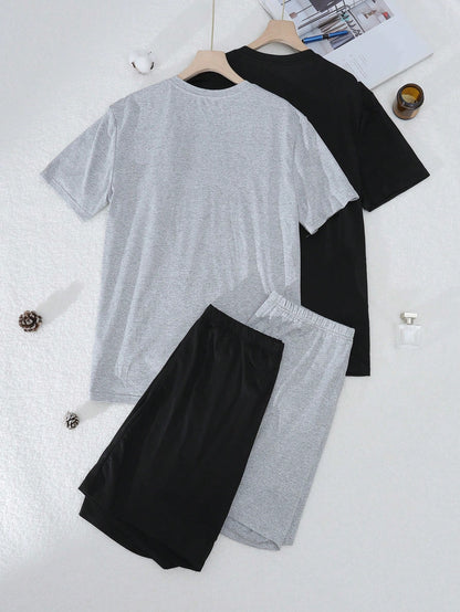 Men Solid Color V-Neck Short Sleeve Top And Shorts Pajama Set,2 Set