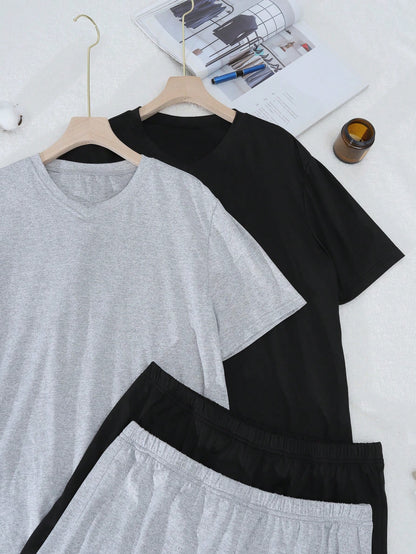 Men Solid Color V-Neck Short Sleeve Top And Shorts Pajama Set,2 Set