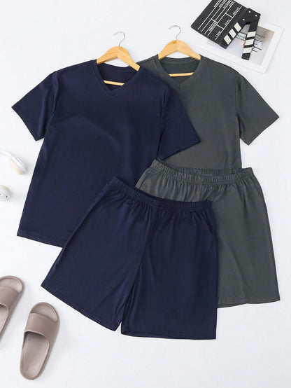 Men Solid Color V-Neck Short Sleeve Top And Shorts Pajama Set,2 Set