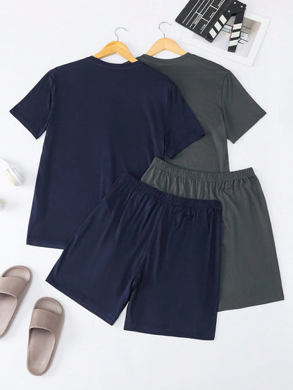 Men Solid Color V-Neck Short Sleeve Top And Shorts Pajama Set,2 Set