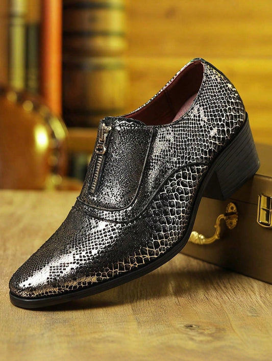 Mens Snake Embossed Front Zipper Dress Shoes Premium Faux Leather Pointed Toe Chunky Block Heel Metallic Shiny Footwear For Club Party Wedding Events