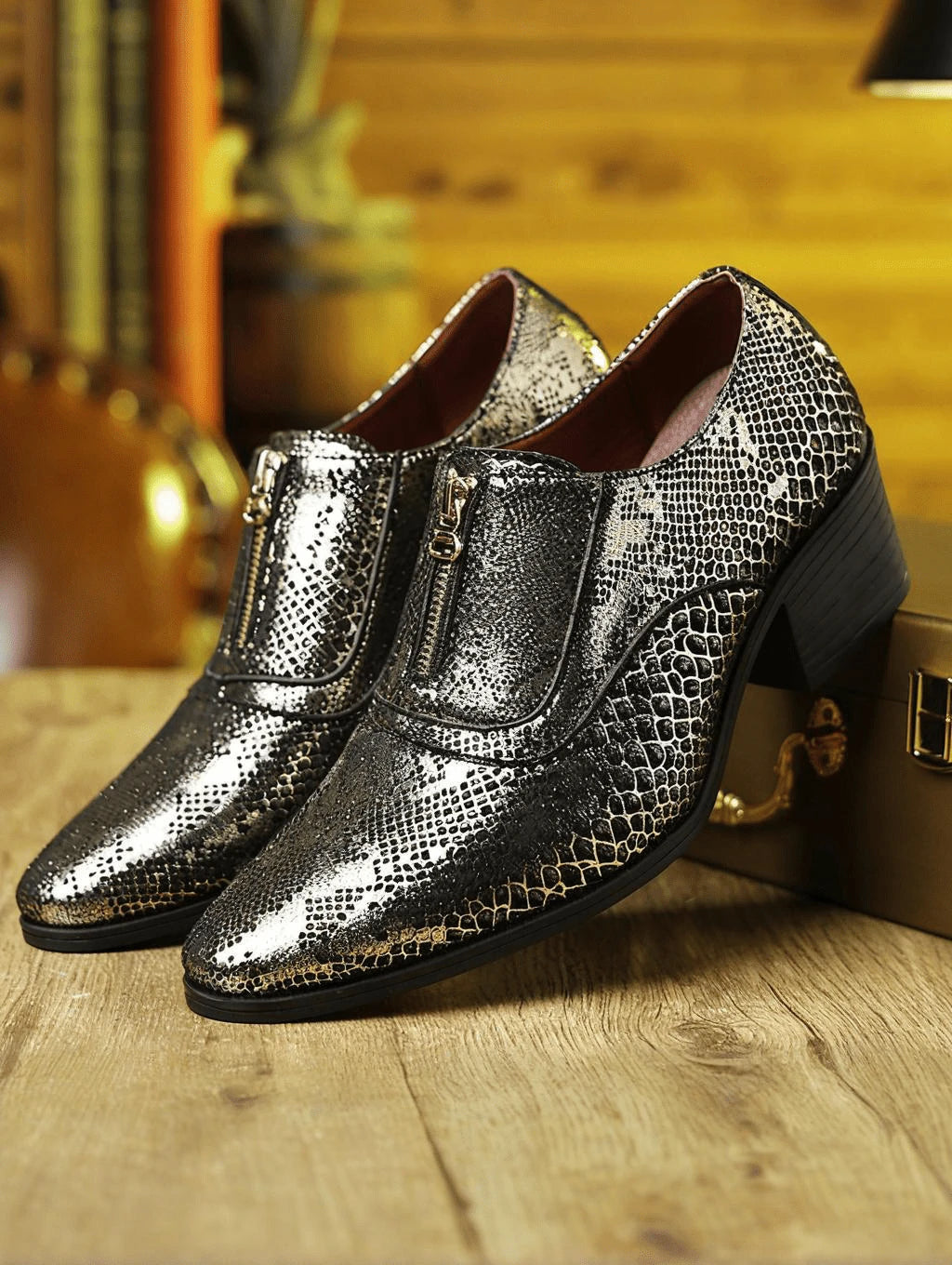 Mens Snake Embossed Front Zipper Dress Shoes Premium Faux Leather Pointed Toe Chunky Block Heel Metallic Shiny Footwear For Club Party Wedding Events
