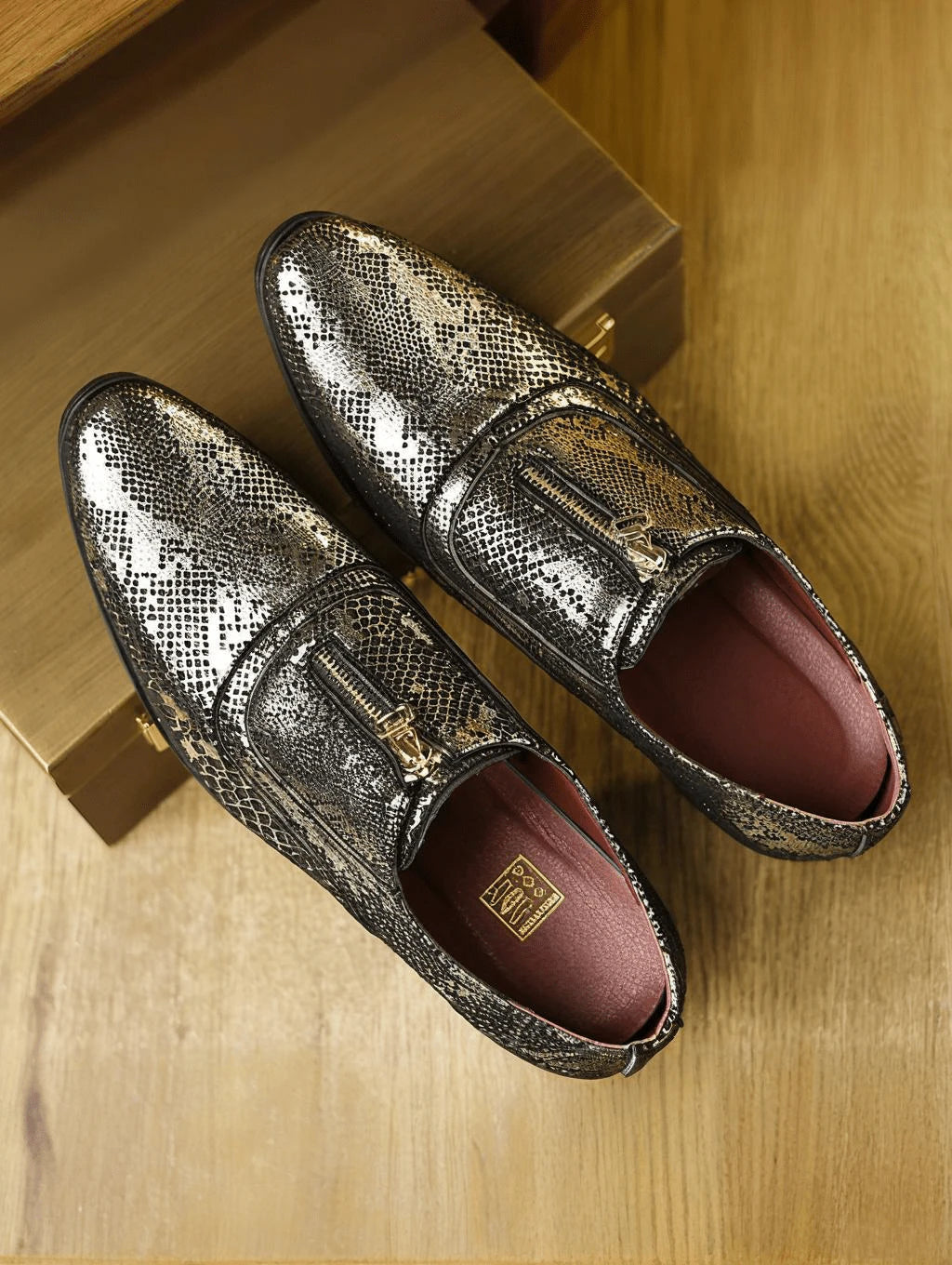 Mens Snake Embossed Front Zipper Dress Shoes Premium Faux Leather Pointed Toe Chunky Block Heel Metallic Shiny Footwear For Club Party Wedding Events