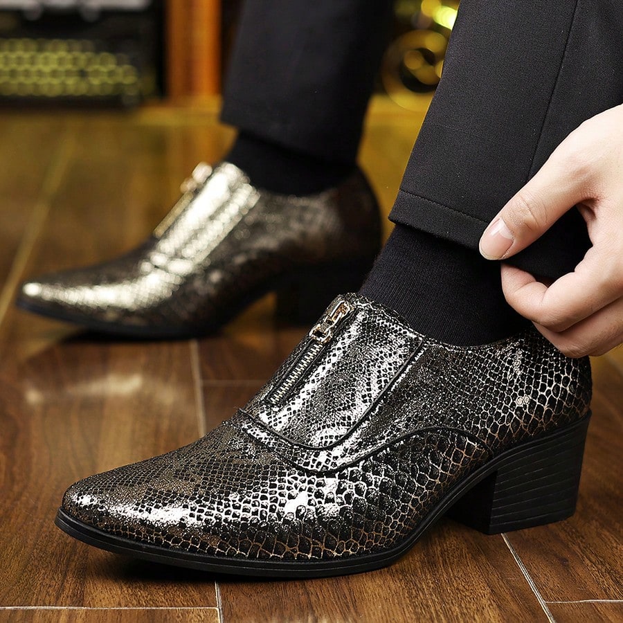 Mens Snake Embossed Front Zipper Dress Shoes Premium Faux Leather Pointed Toe Chunky Block Heel Metallic Shiny Footwear For Club Party Wedding Events