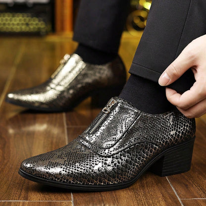 Mens Snake Embossed Front Zipper Dress Shoes Premium Faux Leather Pointed Toe Chunky Block Heel Metallic Shiny Footwear For Club Party Wedding Events