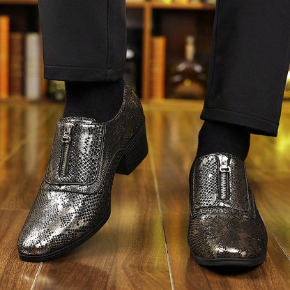 Mens Snake Embossed Front Zipper Dress Shoes Premium Faux Leather Pointed Toe Chunky Block Heel Metallic Shiny Footwear For Club Party Wedding Events