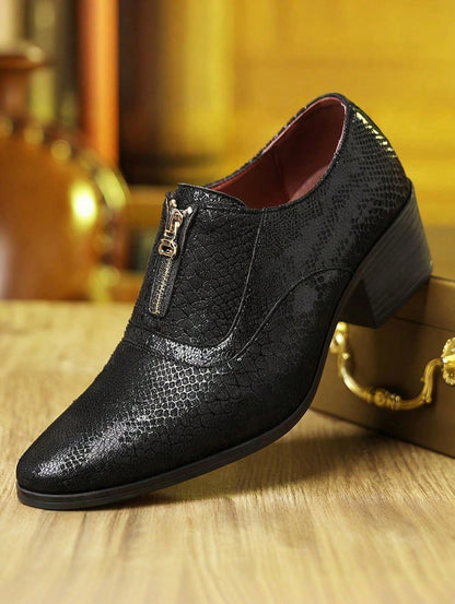 Mens Snake Embossed Front Zipper Dress Shoes Premium Faux Leather Pointed Toe Chunky Block Heel Metallic Shiny Footwear For Club Party Wedding Events