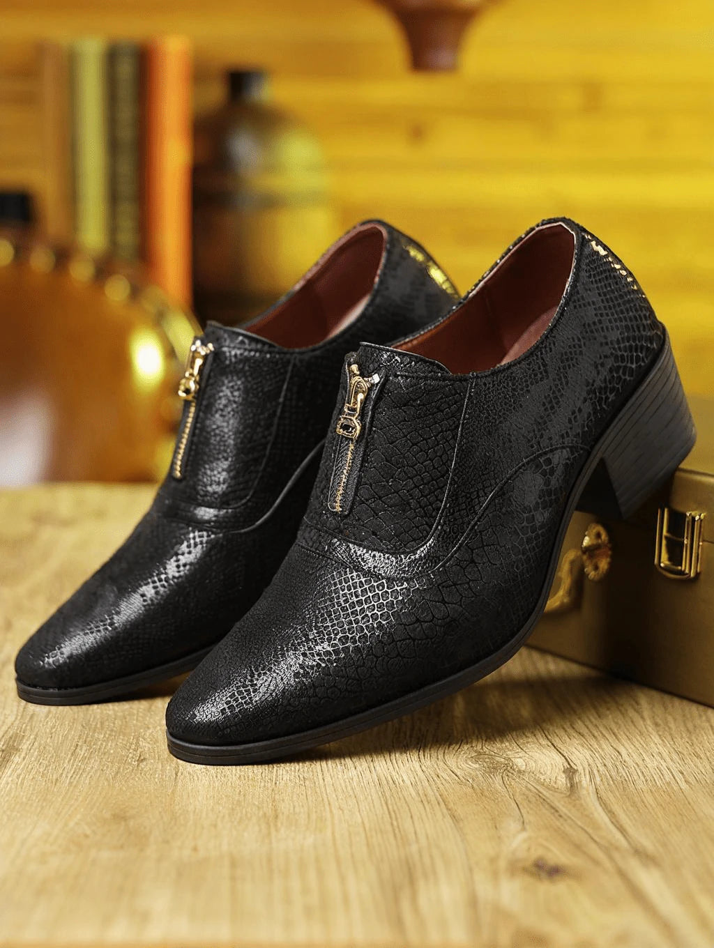 Mens Snake Embossed Front Zipper Dress Shoes Premium Faux Leather Pointed Toe Chunky Block Heel Metallic Shiny Footwear For Club Party Wedding Events