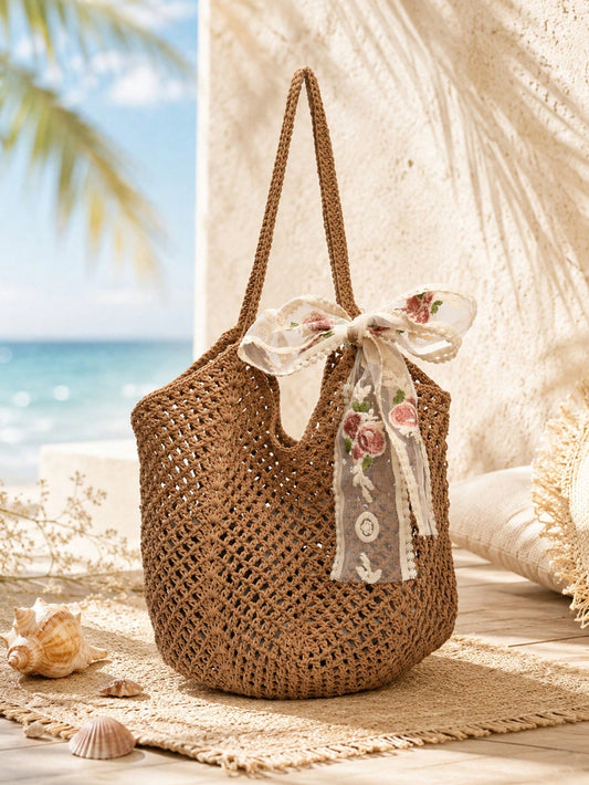 Mesh Tote Bag, Casual Women's Foldable Shoulder Tote Bag Picnic Bag, Waterproof, Foldable, Essential Bag, Multi-Functional Shoulder Shopping Bag Handheld Mesh Hollow Bag, Bath Swimming Storage Bag, Mu