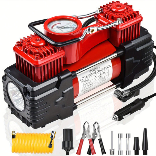 Meshuba Tire Inflator Heavy Duty Double Cylinders, Portable Metal DC 12V Air Compressor- Car Accessories, 150PSI Tire Pump With Adapter For Car, Truck, SUV Tires, Dinghy, Air Bed Etc