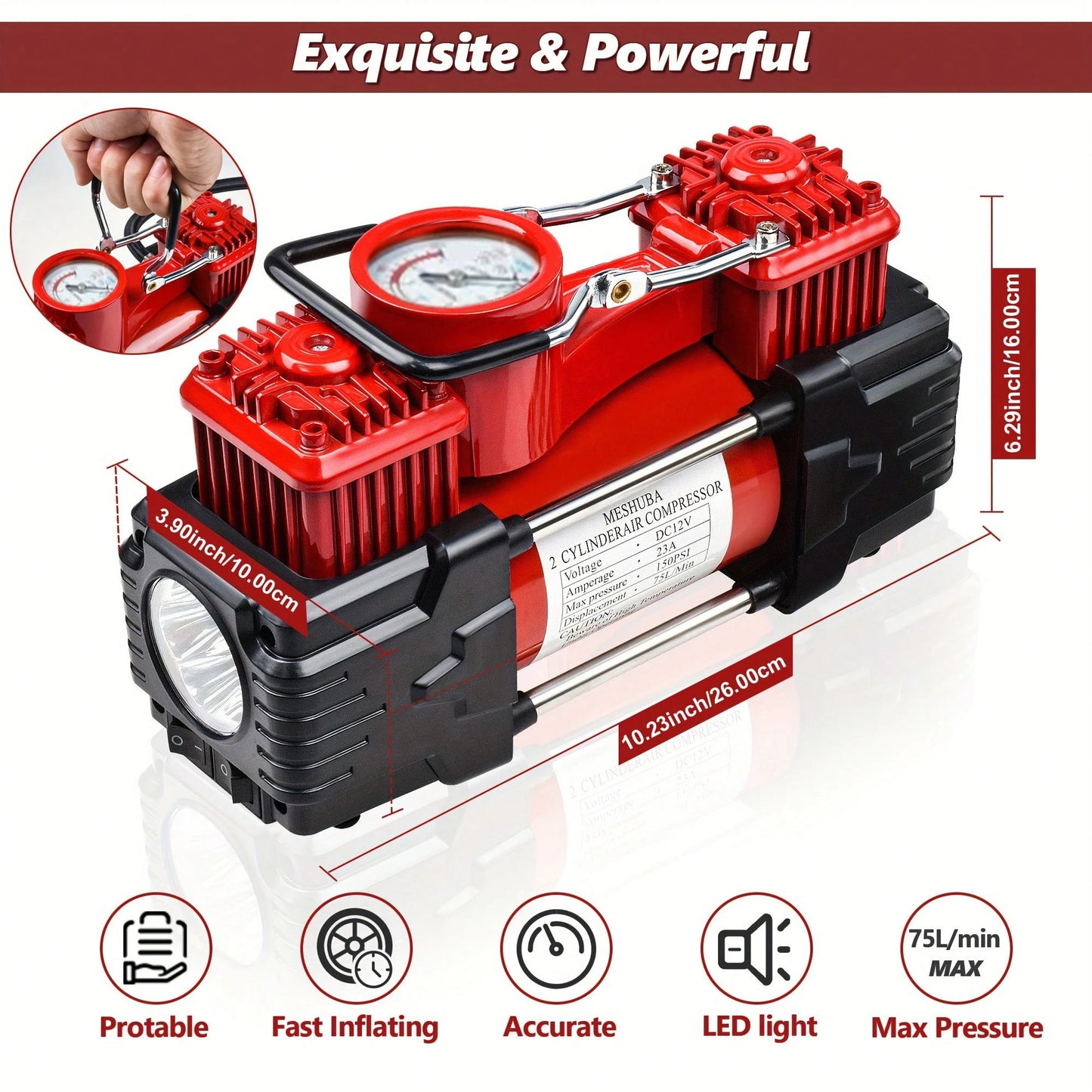 Meshuba Tire Inflator Heavy Duty Double Cylinders, Portable Metal DC 12V Air Compressor- Car Accessories, 150PSI Tire Pump With Adapter For Car, Truck, SUV Tires, Dinghy, Air Bed Etc