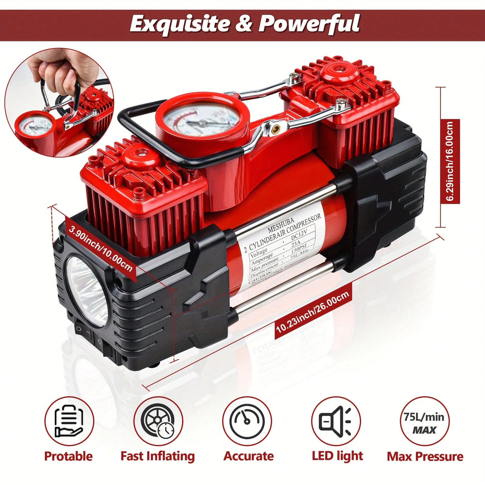 Meshuba Tire Inflator Heavy Duty Double Cylinders, Portable Metal DC 12V Air Compressor- Car Accessories, 150PSI Tire Pump With Adapter For Car, Truck, SUV Tires, Dinghy, Air Bed Etc
