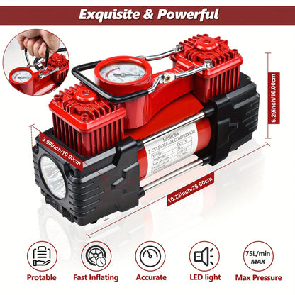 Meshuba Tire Inflator Heavy Duty Double Cylinders, Portable Metal DC 12V Air Compressor- Car Accessories, 150PSI Tire Pump With Adapter For Car, Truck, SUV Tires, Dinghy, Air Bed Etc