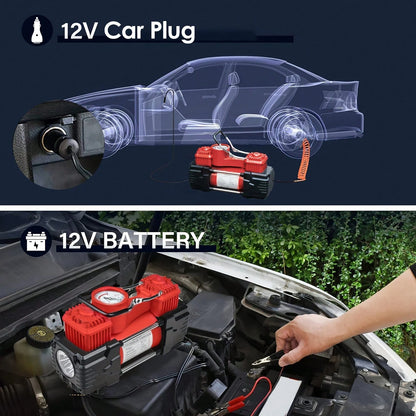 Meshuba Tire Inflator Heavy Duty Double Cylinders, Portable Metal DC 12V Air Compressor- Car Accessories, 150PSI Tire Pump With Adapter For Car, Truck, SUV Tires, Dinghy, Air Bed Etc