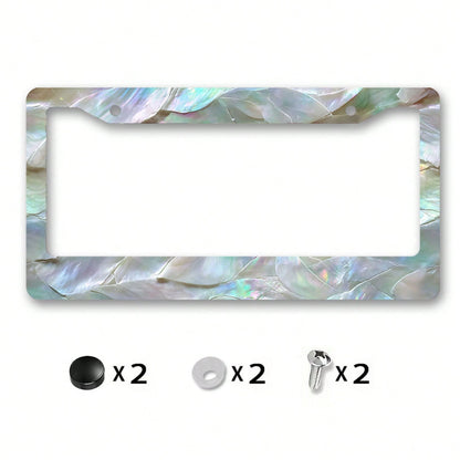 Metal License Plate Frame Cover With Rainbow Color Mother Of Pearl Shell Pattern For Beach Party And Summer Celebration