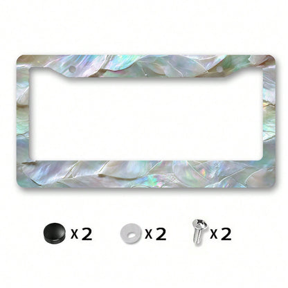 Metal License Plate Frame Cover With Rainbow Color Mother Of Pearl Shell Pattern For Beach Party And Summer Celebration