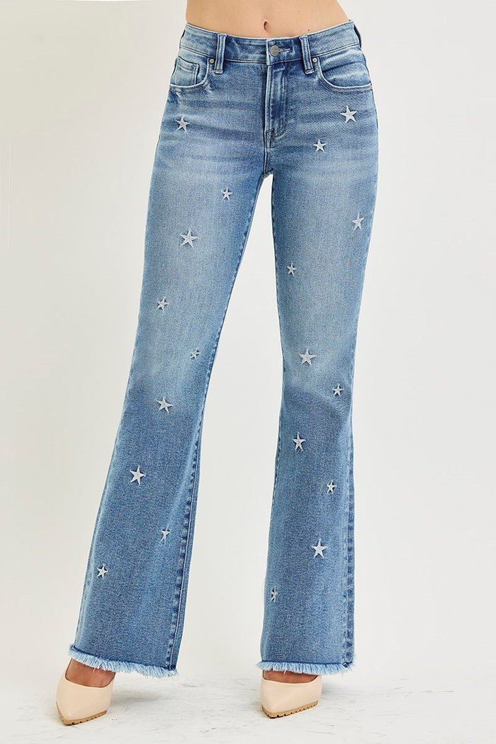 Mid Rise Flare Star Embroidery Light Denim Jeans