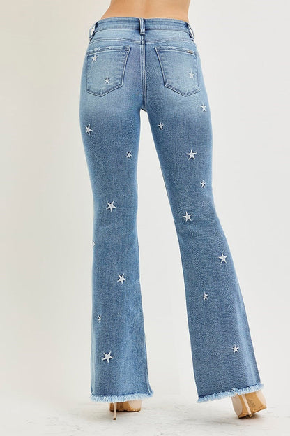 Mid Rise Flare Star Embroidery Light Denim Jeans