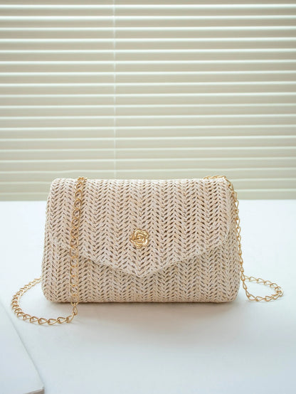 Mini Fashionable Straw Material Flap Chain Crossbody Bag, Women's Shoulder Sling Purse For Phone