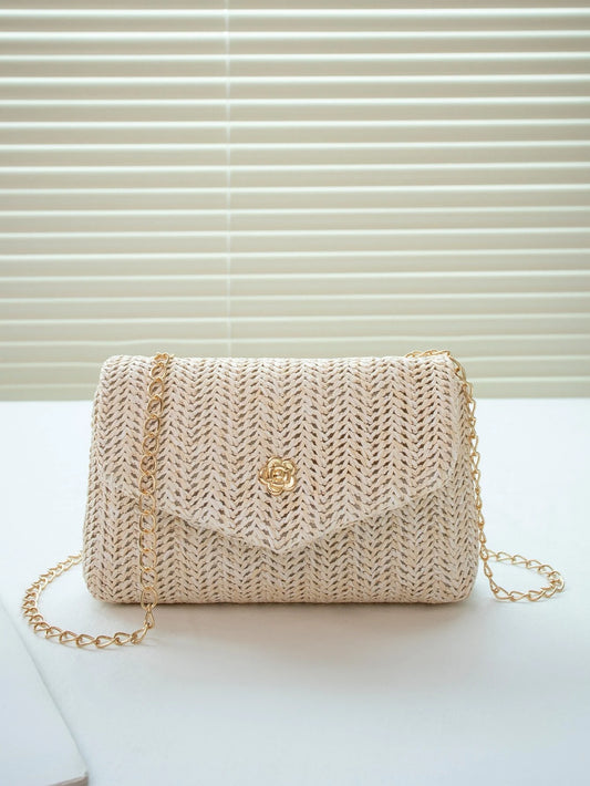 Mini Fashionable Straw Material Flap Chain Crossbody Bag, Women's Shoulder Sling Purse For Phone