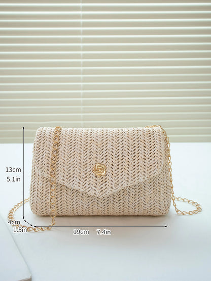 Mini Fashionable Straw Material Flap Chain Crossbody Bag, Women's Shoulder Sling Purse For Phone